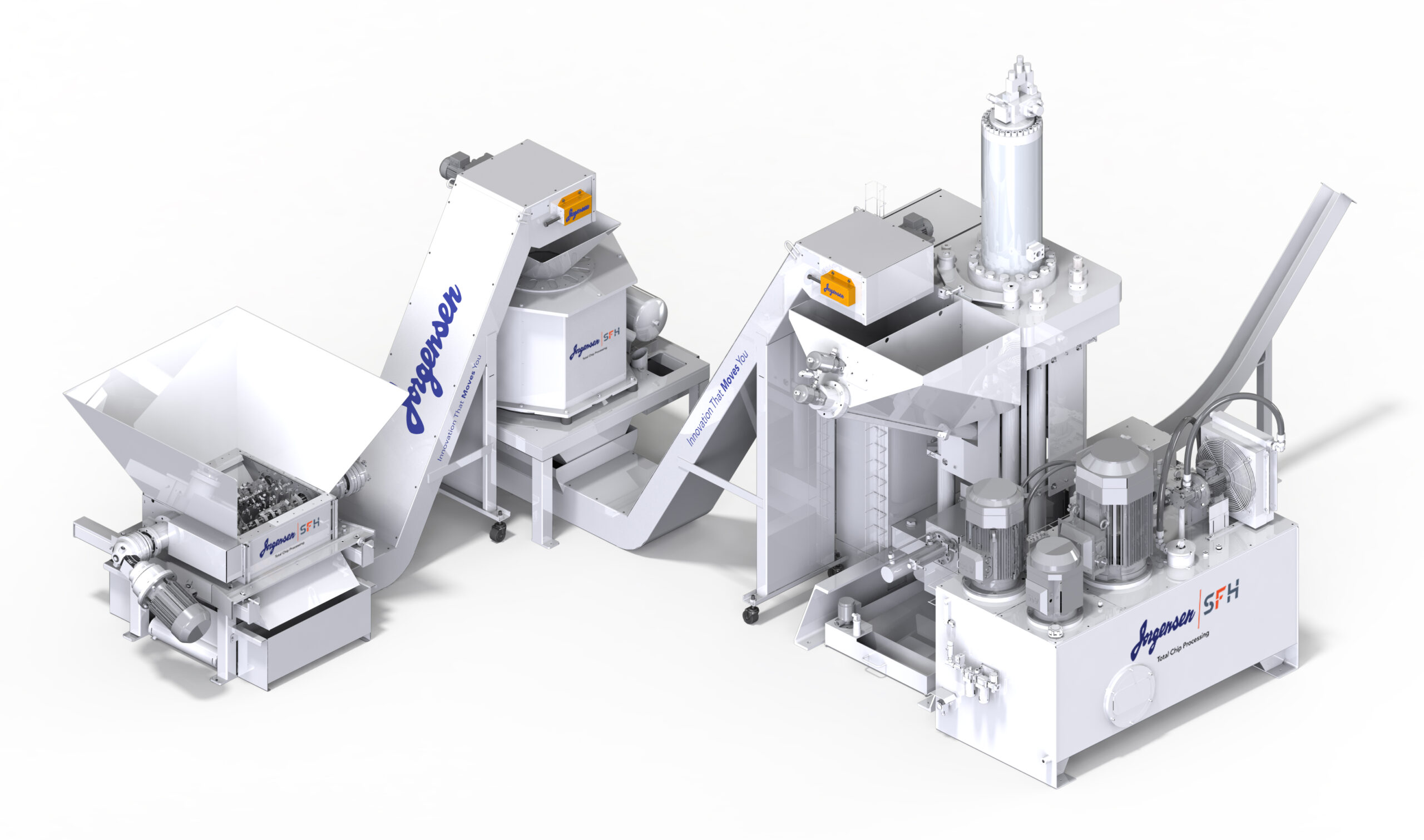 chip processing system with shredder wringer, and briquetter